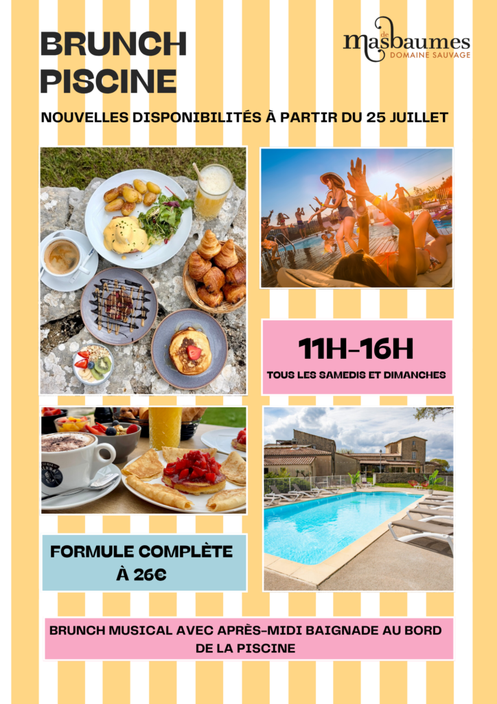 Poster promoting a poolside brunch event with large 'BRUNCH PISCINE' text and photos of food, swimming pool, and sunlit banners.