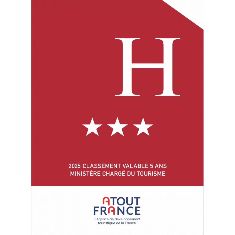 Red certificate cover with a large white 'H', three white stars, and French text about a 2025 rating by the Ministry of Tourism, Atout France logo visible at bottom act.